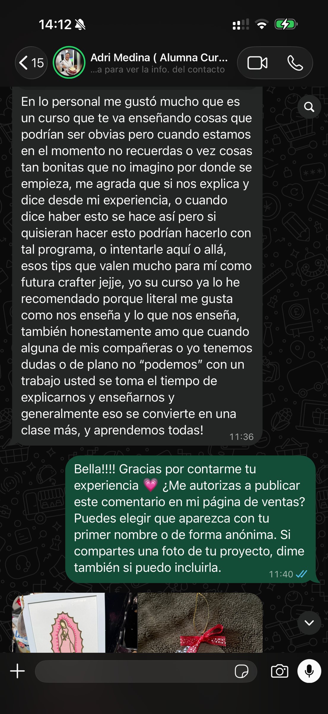 Captura del mensaje de Alumna del curso