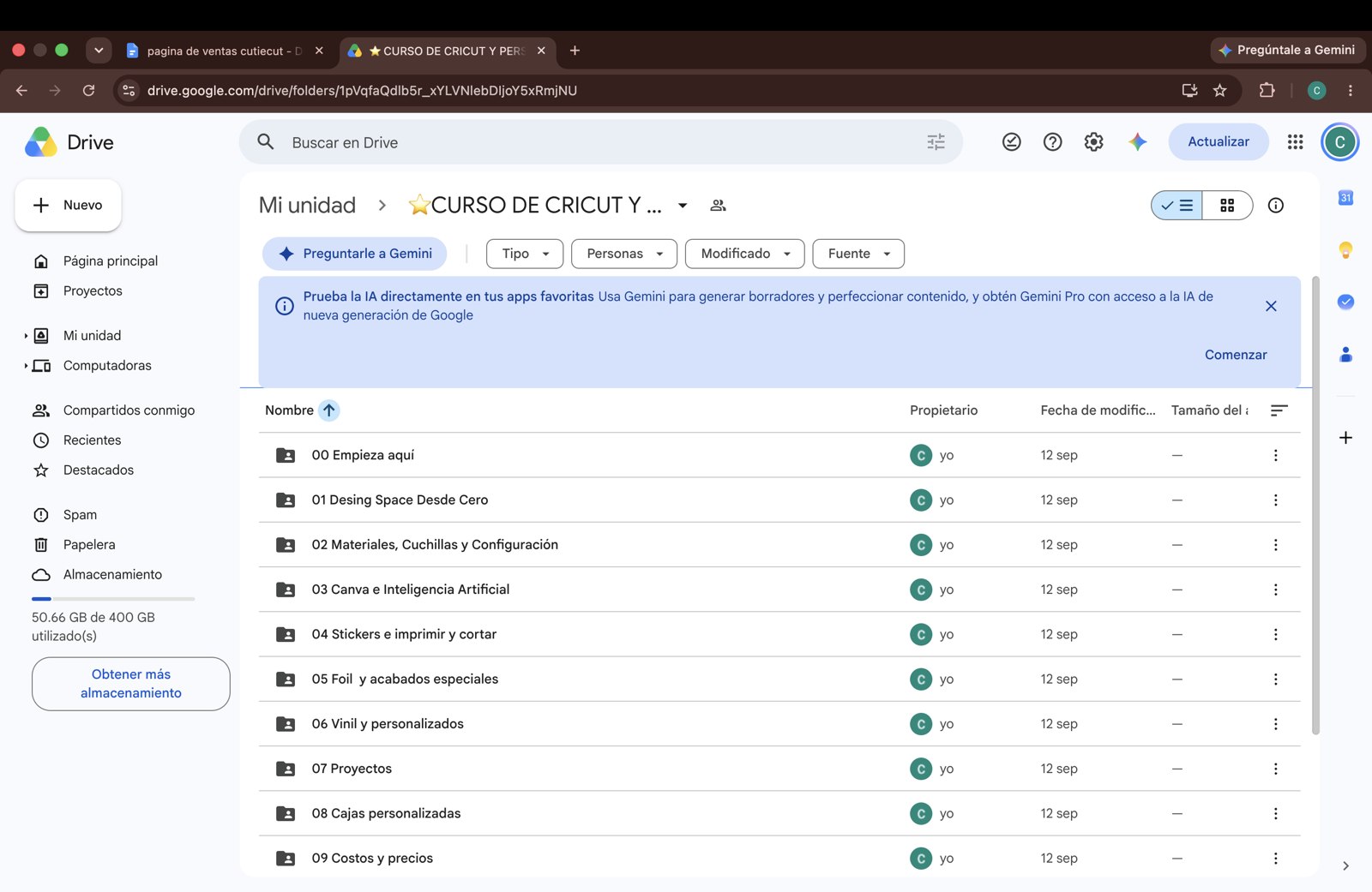 Vista real de las carpetas del curso en Google Drive